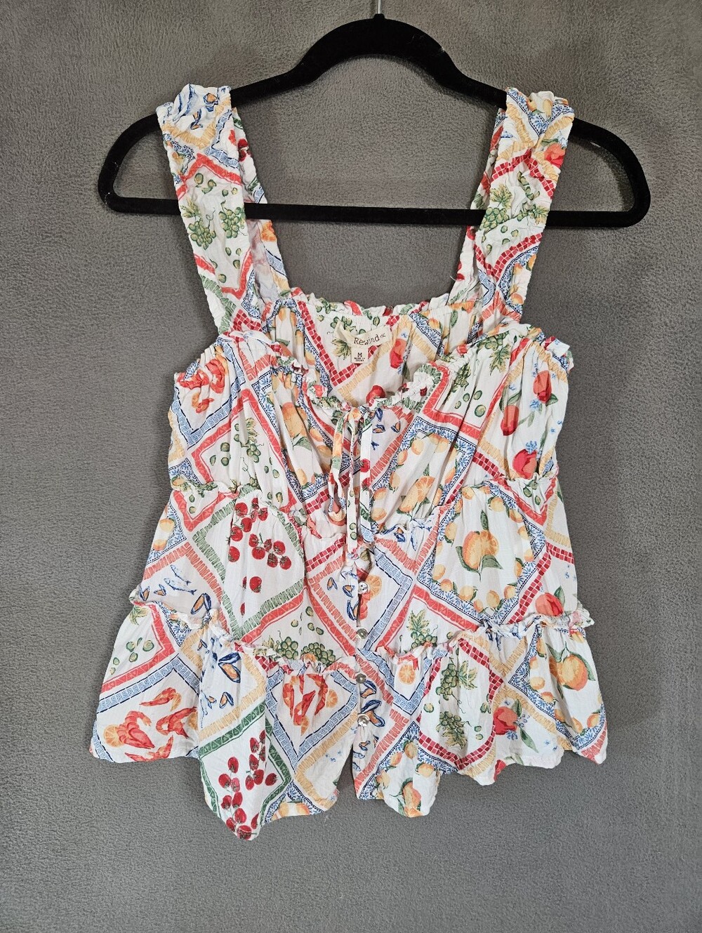 Rewind Womens Medium Tank Top Shirt Picnic Fruit Sweetheart Buttons Ties